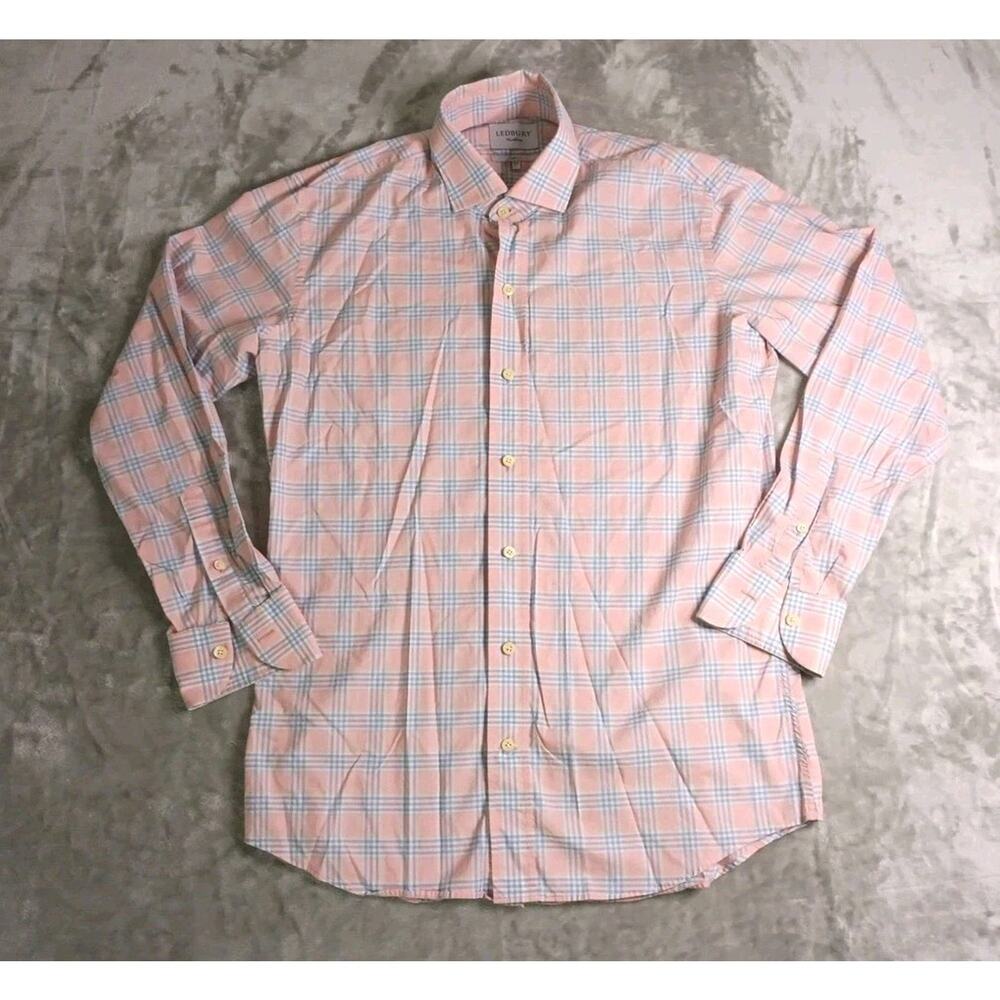 Ledbury Slim Fit Dress Shirt Button Up Mens 16 1/2 L Pink Checkered
